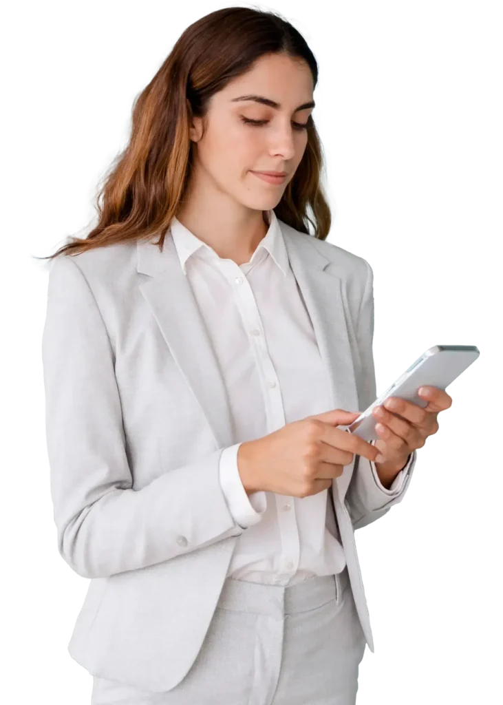 Frau in weißem Anzug schaut auf ihr Smartphone